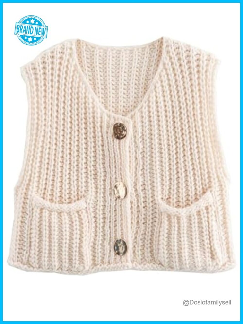 Chunky Knit Sweater Vest Button Down Sleeveless Cropped Cardigan with Pockets